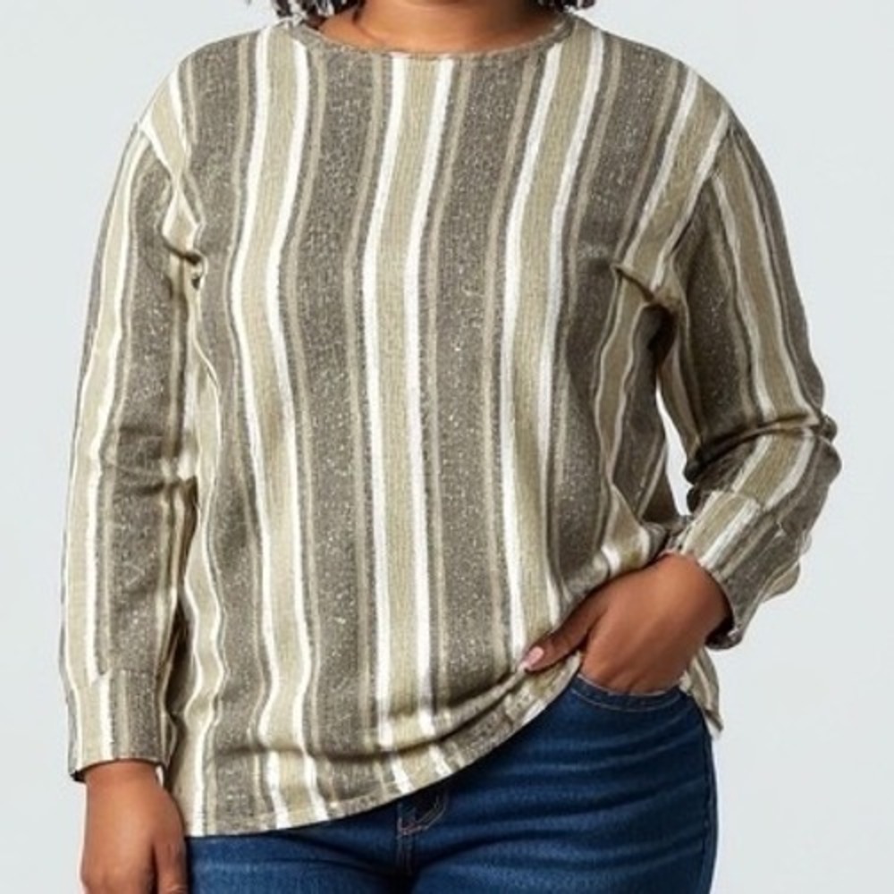 VTG Adrian Jordan large shirt Brown Striped 3/4 Sleeve‎ Boho Earthy mushroom